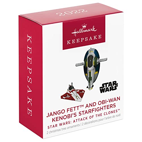 Hallmark Keepsake Miniature Plastic Christmas Ornament 2022, Star Wars: Attack of The Clones Jango Fett and OBI-Wan Kenobi's Starfighter, Mini Set of 2