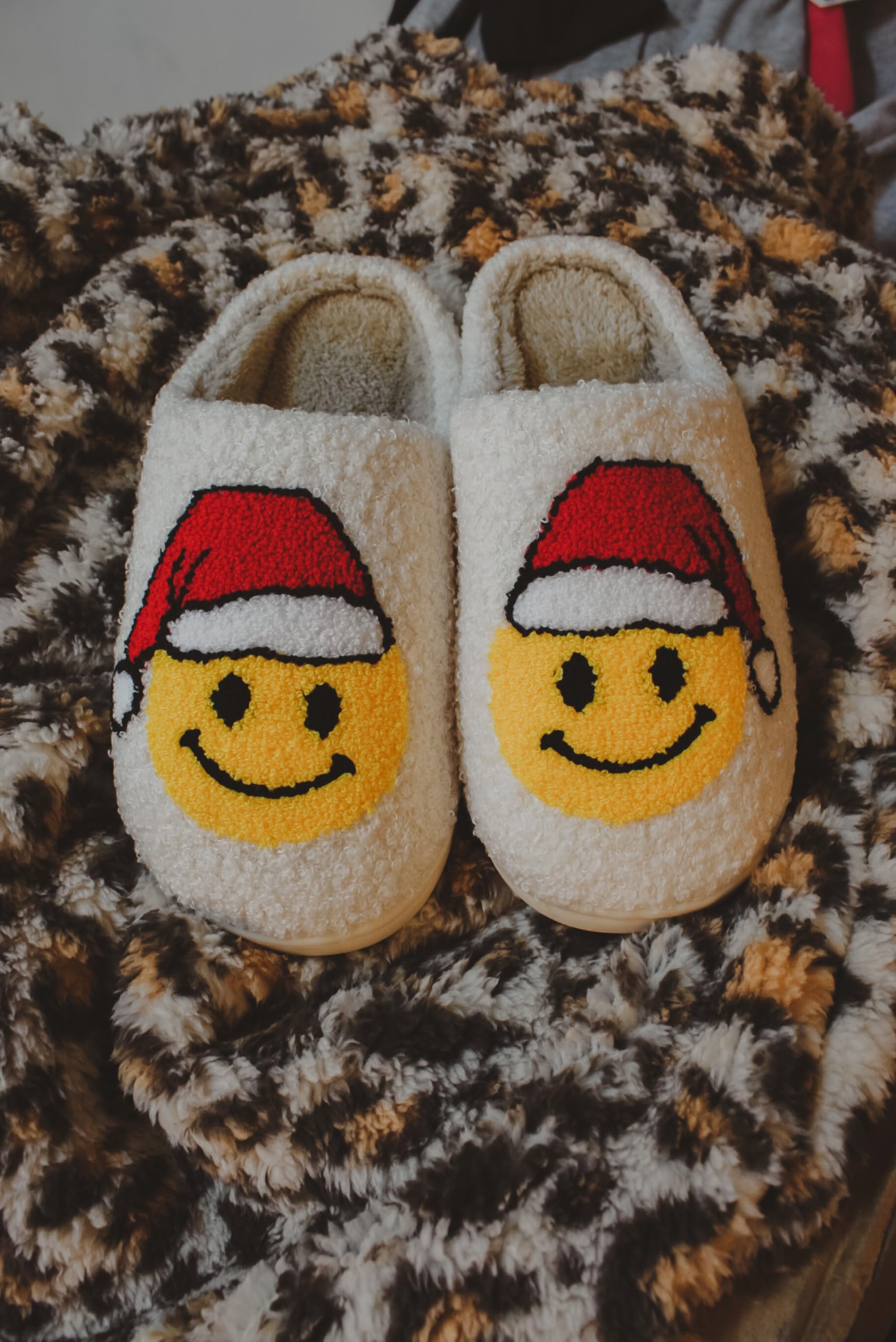 Santa Christmas Happy Face Sherpa Slippers