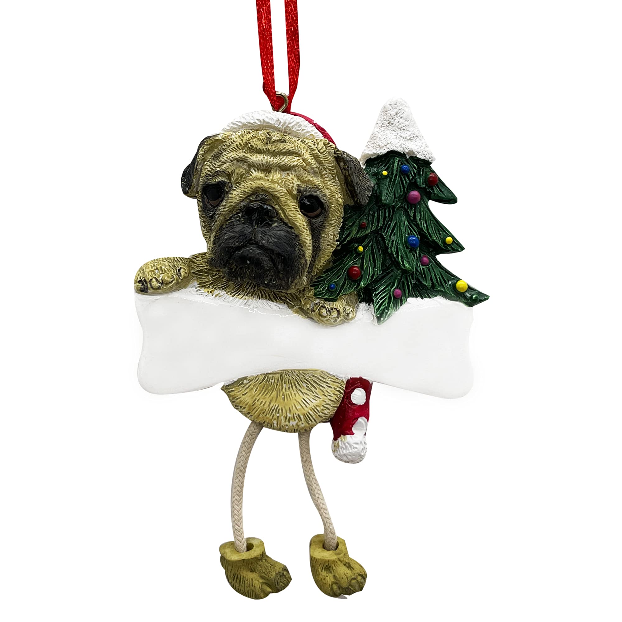 Pug Ornament with Unique "Dangling Legs" Hand Painted and Easily Personalized Christmas Ornament