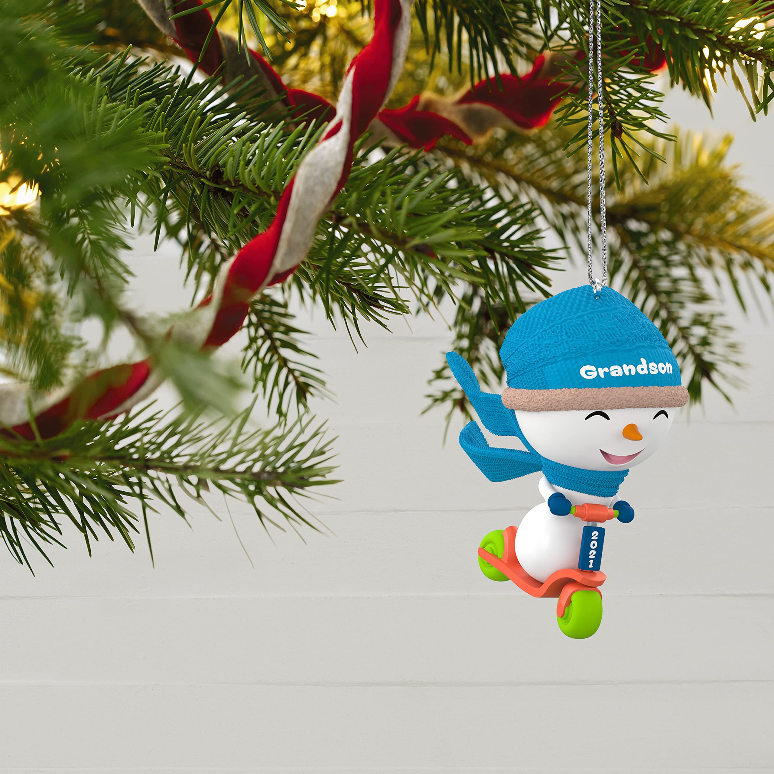 Hallmark Keepsake Christmas Ornament, Year Dated 2021, Grandson Snowman on Scooter