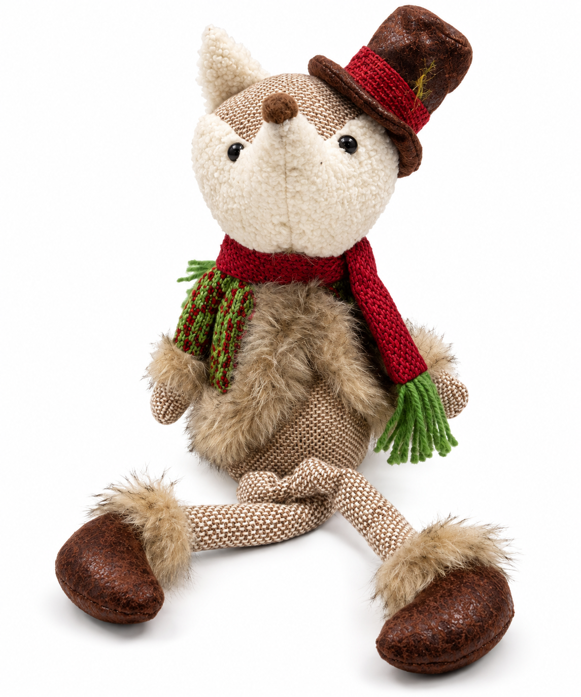 Rustic Burlap & Faux Fur Plush Fox Shelf Sitter Christmas Decor Figurine