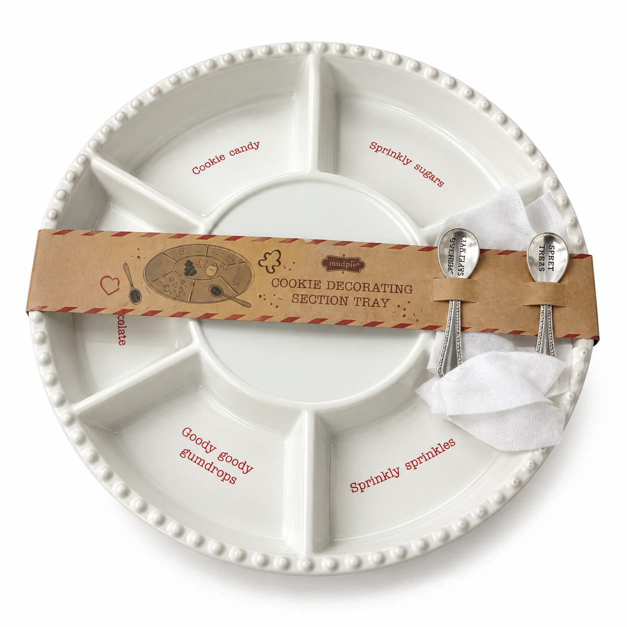 Mud Pie Ceramic Cookie Decorating Sectional Tray Set with Stamped Silverplate Spoons