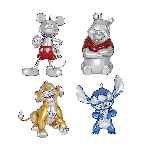 Hallmark Keepsake Christmas Ornaments 2023, Disney 100 Years of Wonder, Platinum Set of 4, Mickey Mouse, Winnie The Pooh, Lion King Simba, and Stitch, Gifts for Disney Fans