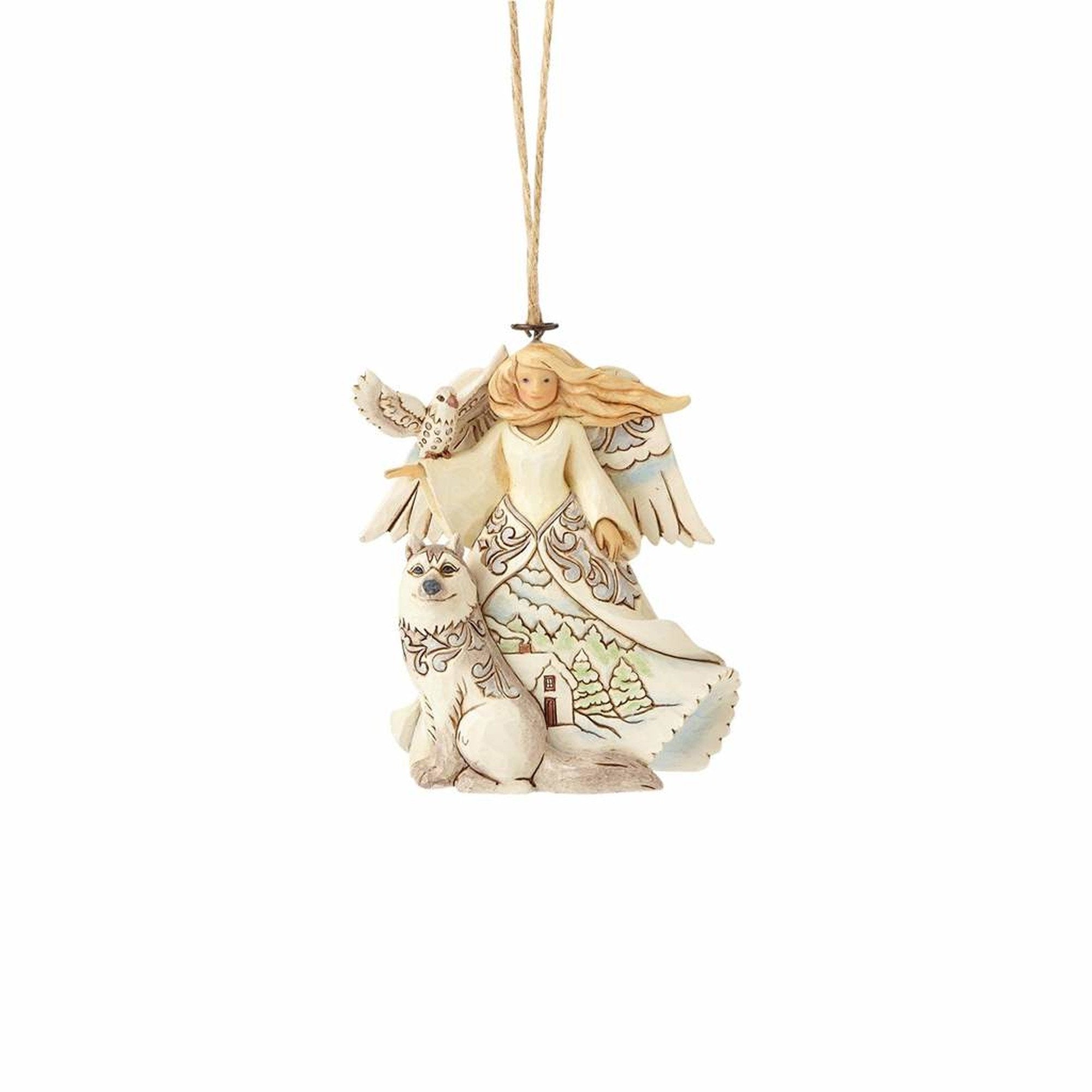 Enesco Jim Shore Heartwood Creek White Woodland Angel with Husky Stone Resin, 4? Hanging Ornament, Multicolor