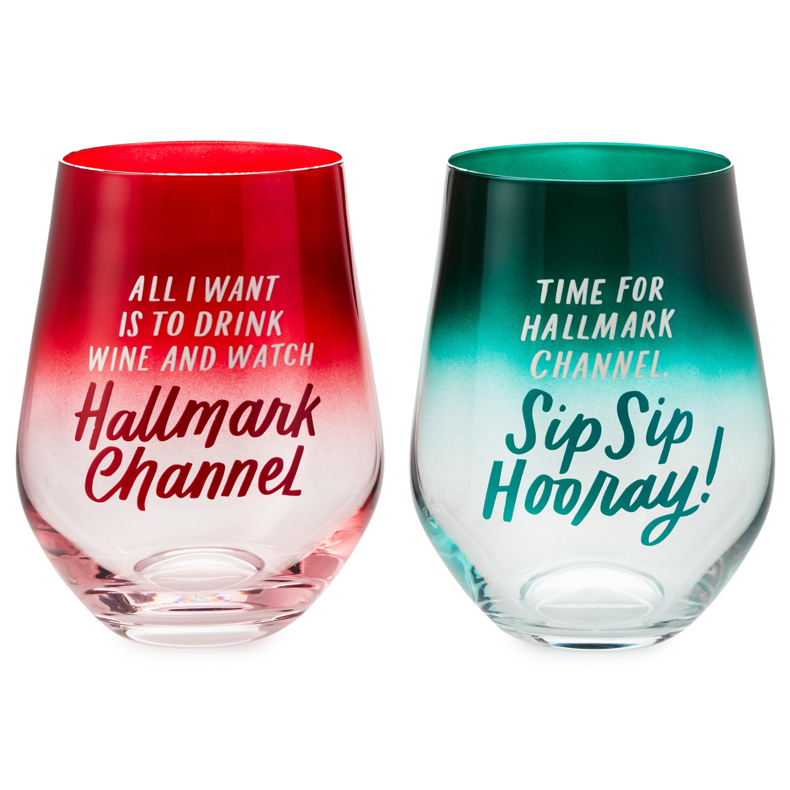 Hallmark Channel Stemless Wine Glasses (Sip Sip Hooray! Red and Green) Set of 2, 12 oz. Each, Christmas Gifts