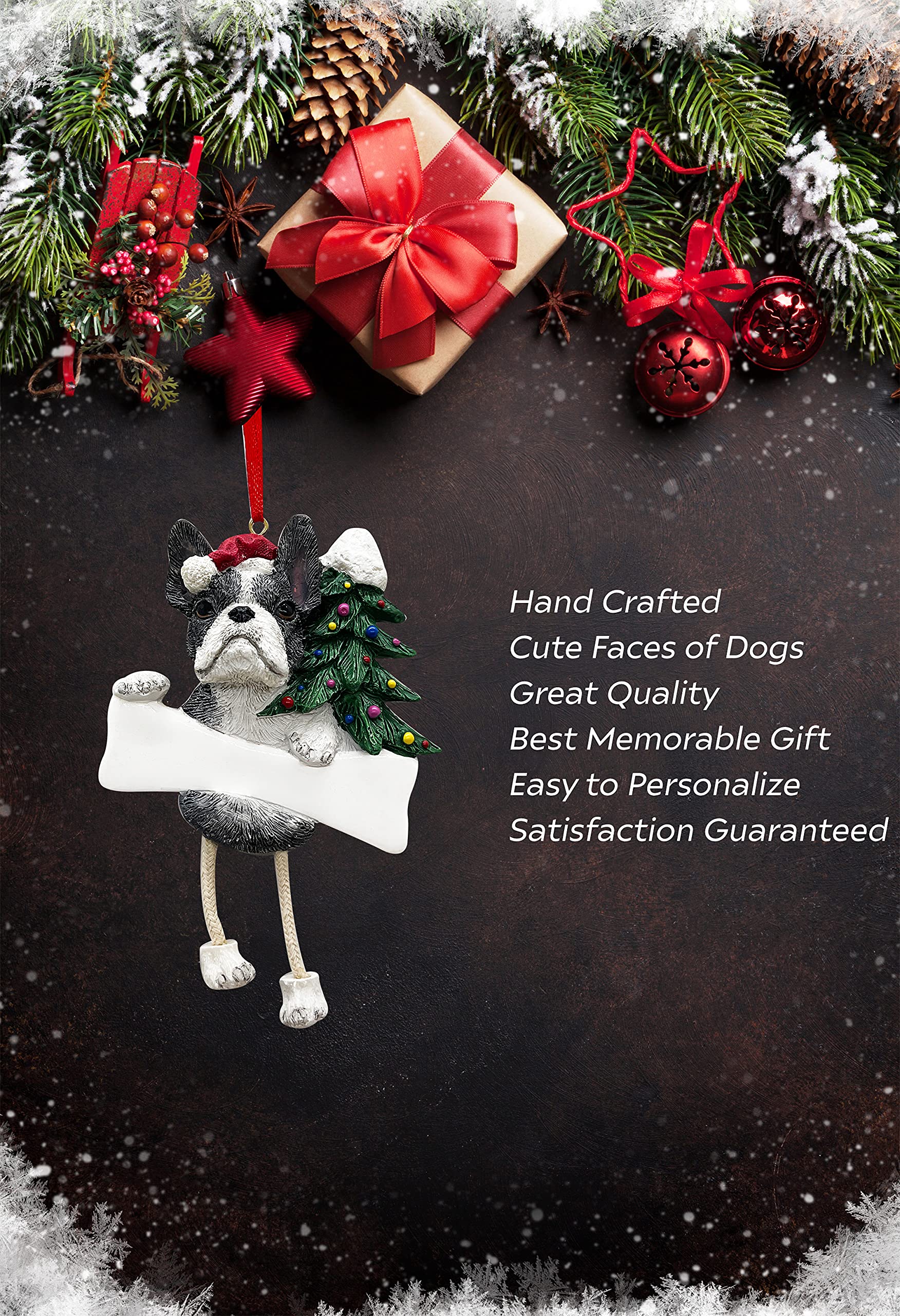 Boston Terrier Ornament with Unique "Dangling Legs" Hand Painted and Easily Personalized Christmas Ornament